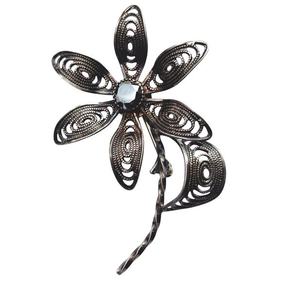 VTG Sterling Silver 925 Gemstone Brooch Mid Century Filigree Flower Black Spinel - Picture 1 of 10